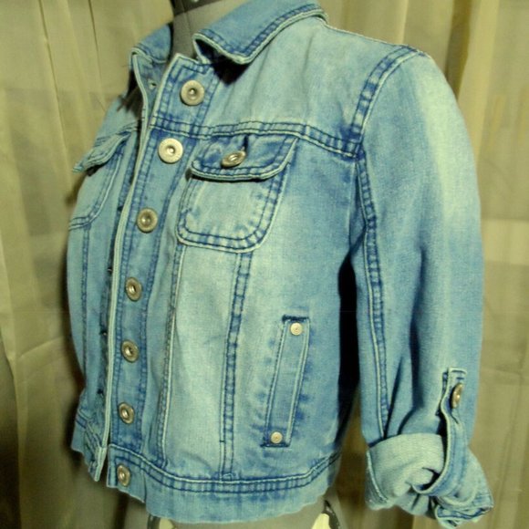 HIGHWAY JEANS Jacket Jr. M button up Medium wash denim coat Crop length Cover Up - Picture 3 of 5